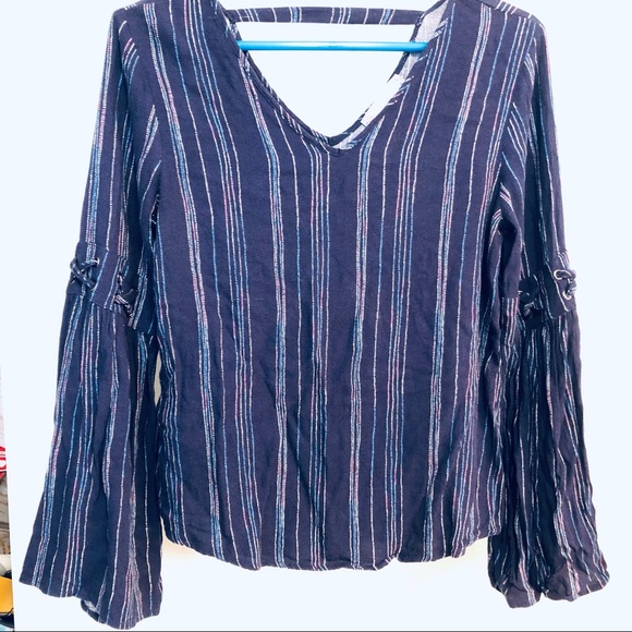 Pullover Top Pink Rose Striped Boho Top Laces & Bell Sleeves Size Small - Picture 2 of 7